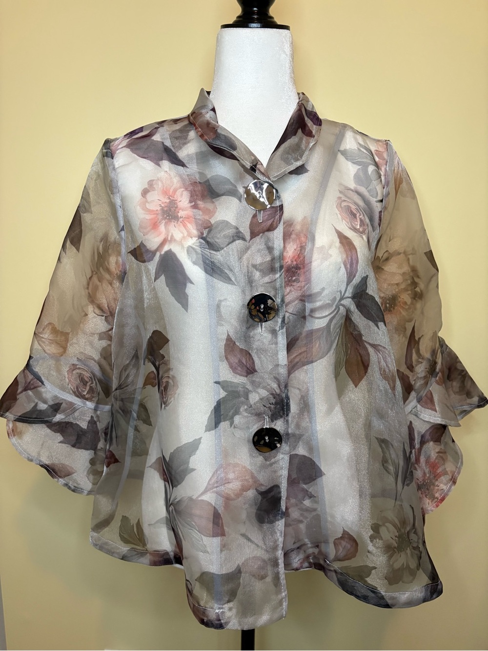 Joseph Ribkoff Sheer Floral Button-Front Blouse - Ivory, Pink, Gray